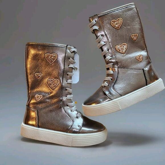 Girl's‎ Michael Kors Cali-Anaheim Pewter Boots With Gold Glitter Hearts Size 7c - Picture 1 of 4